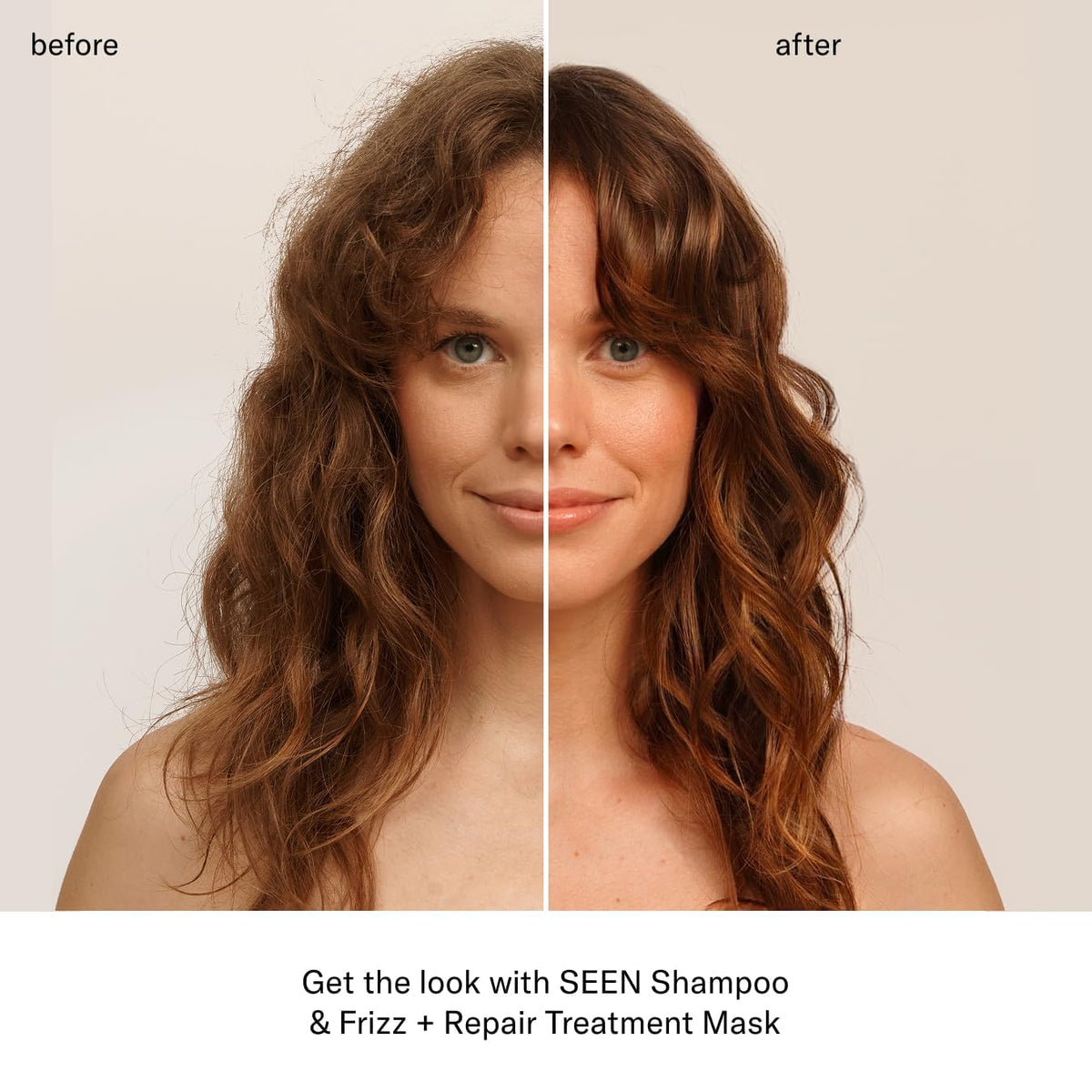 SEEN after-rinse hair showing smooth, shiny results and reduced frizz