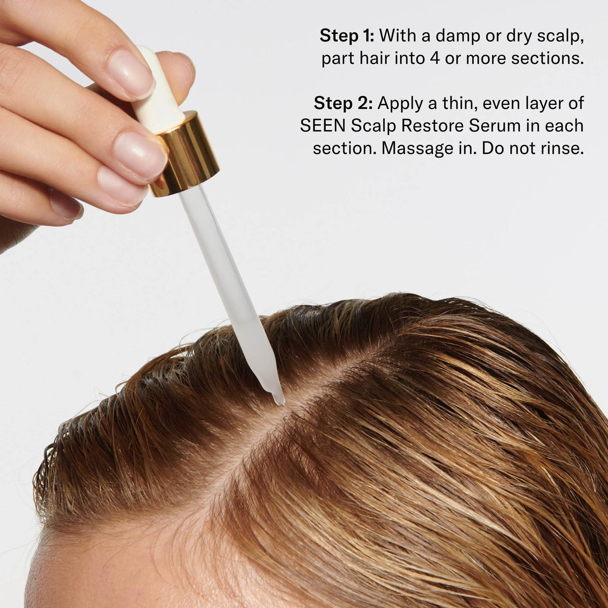 SEEN Restore Scalp Serum being applied to dry scalp demonstrating targeted relief