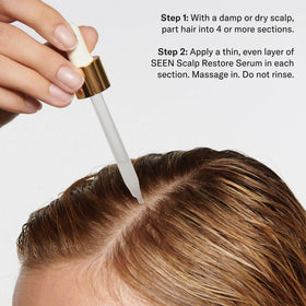 SEEN Restore Scalp Serum being applied to dry scalp demonstrating targeted relief