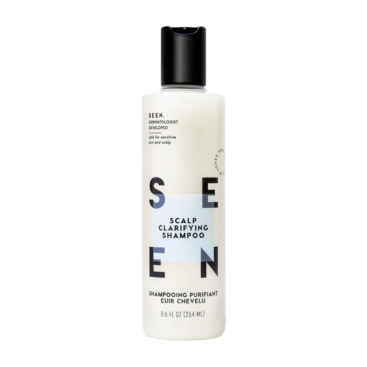 SEEN scalp clarifying shampoo front view showing clean packaging and benefits