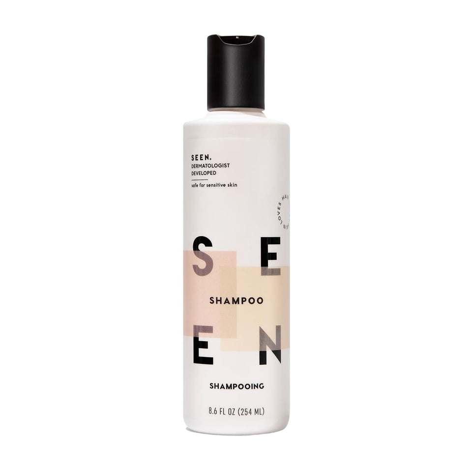 SEEN front bottle view showing scented shampoo benefits