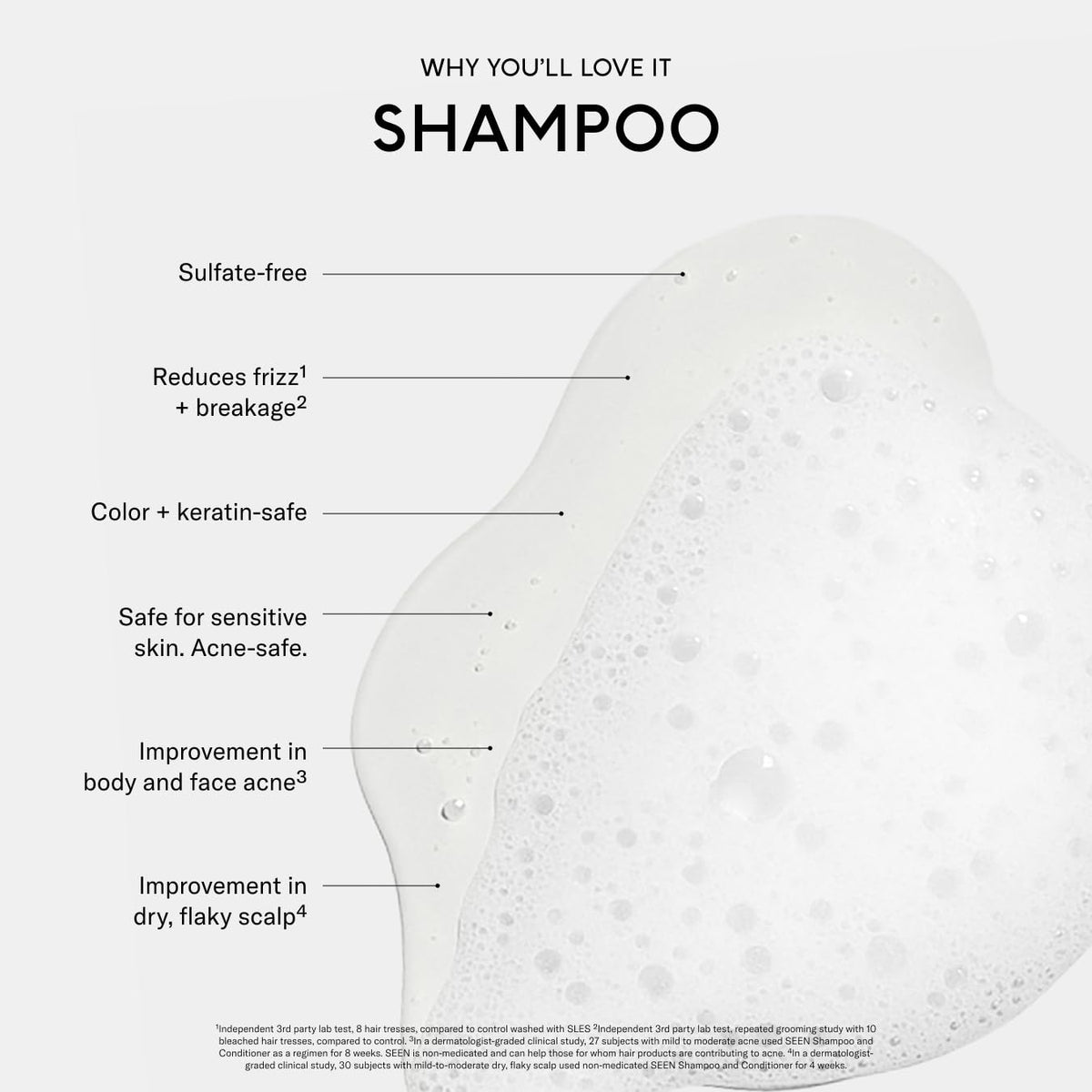 SEEN shampoo foam texture close-up showing gentle lather and clean rinse