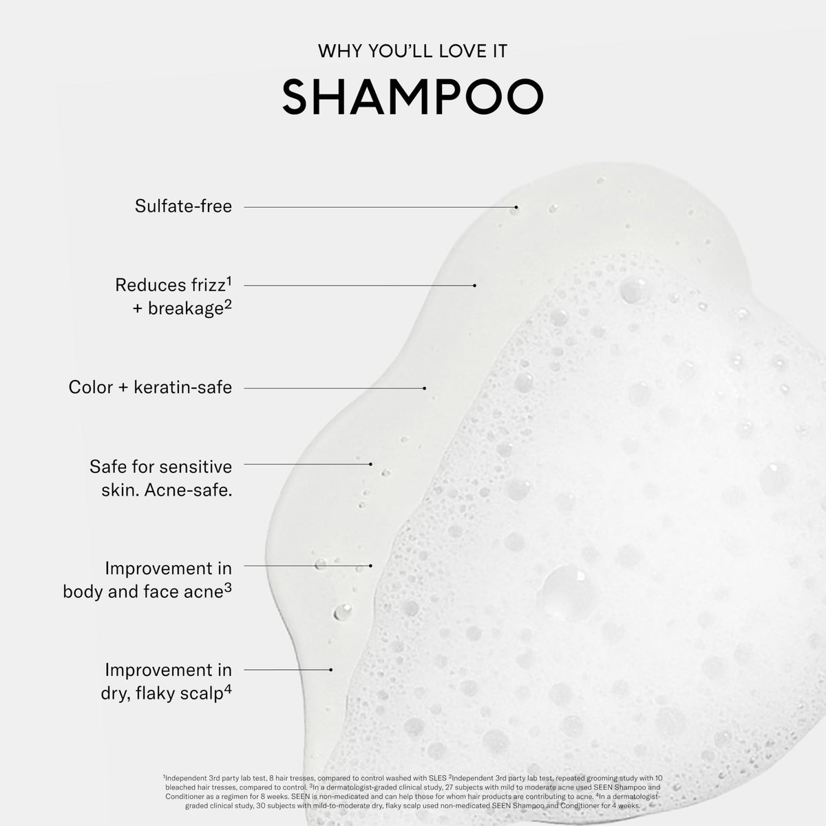 SEEN shampoo producing gentle lather on hair for clean feel
