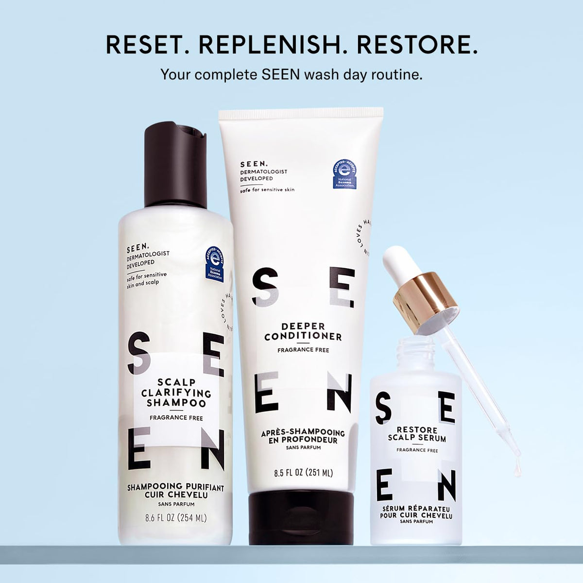SEEN shampoo alongside conditioner showing part of a balanced haircare routine