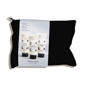 SEEN front packaging trio showing TSA-friendly bottles and clear labels, travel ready