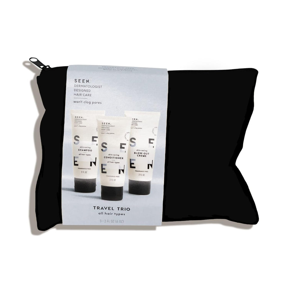 SEEN front packaging trio showing TSA-friendly bottles and clear labels, travel ready