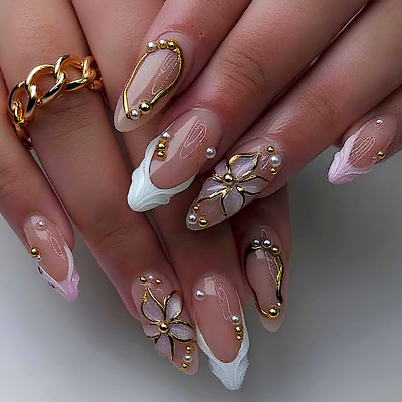 SEENEEY front packaging showing almond white nails and 3D flowers for elegant look