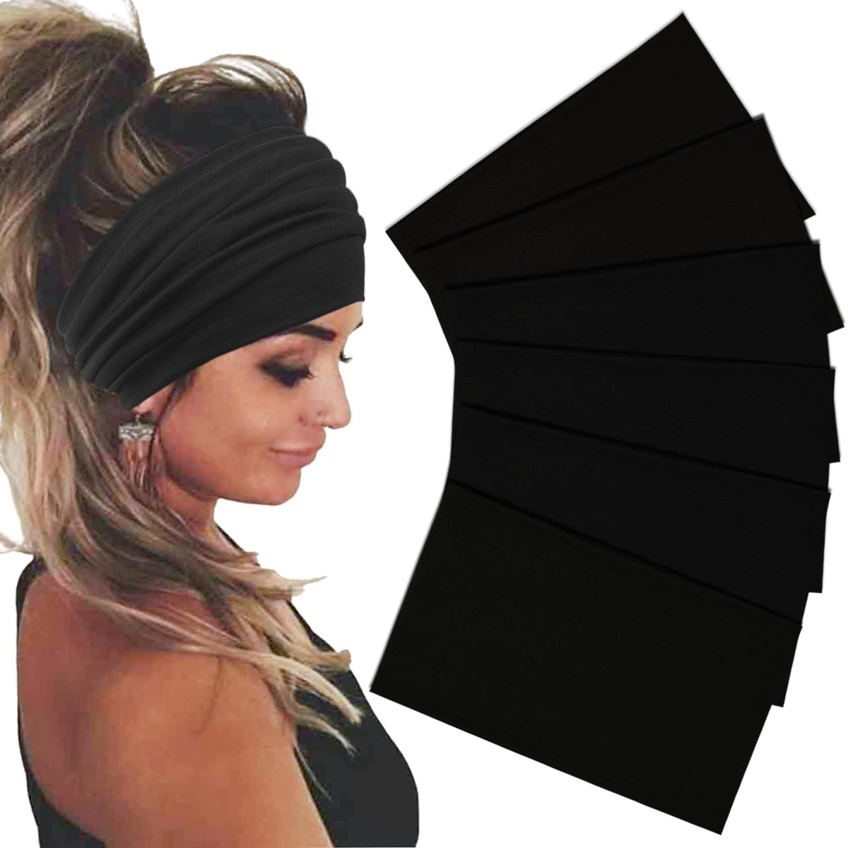 Sefiinh front view of six black headbands, convenient pack for daily use