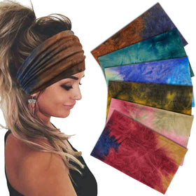 Sefiinh front view of six tie-dye headbands showing colors and packaging benefits