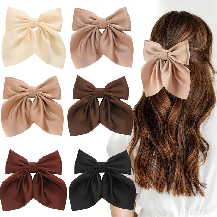 Seiolieliou front view of six neutral satin bows showing complete set and colors