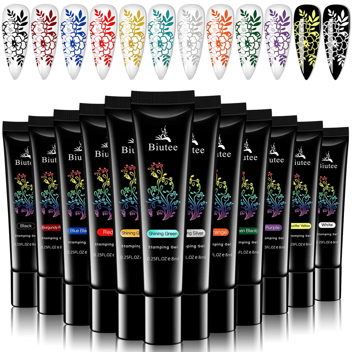 SEISSO front packaging showing all 12 stamping gel bottles and benefits