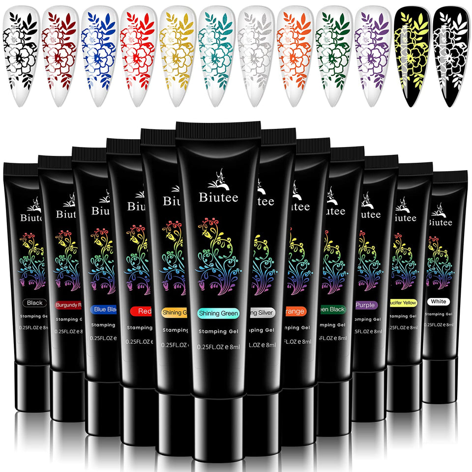 SEISSO front packaging showing all 12 stamping gel bottles and benefits