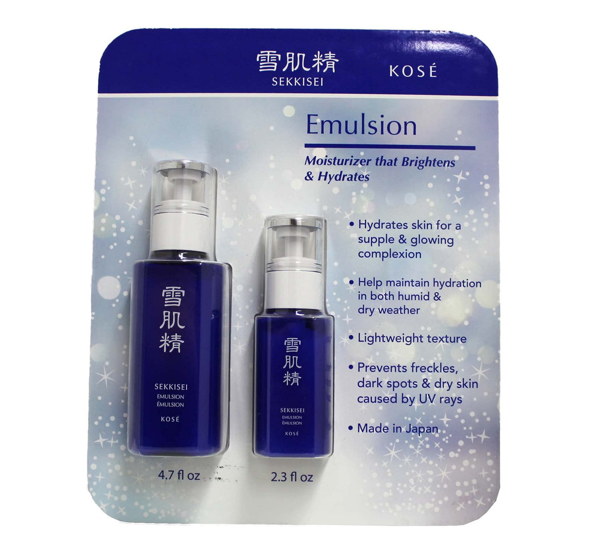 SEKKISEI emulsion front packaging showing both bottles and portable size benefit