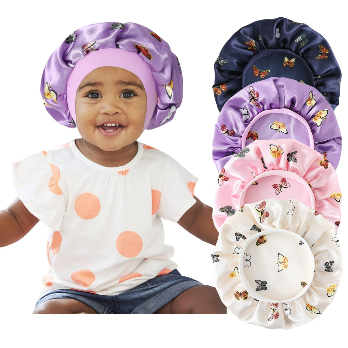 Selalu bonnet front view showing butterfly print and protective coverage