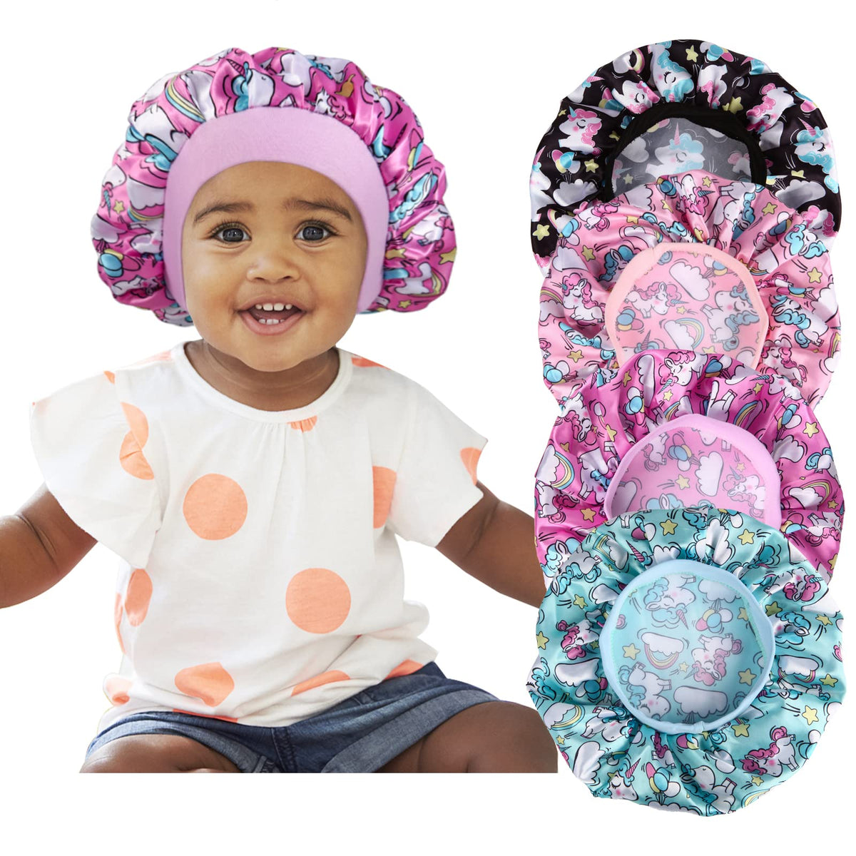 Selalu front packaging showing four unicorn-print satin bonnets for easy selection