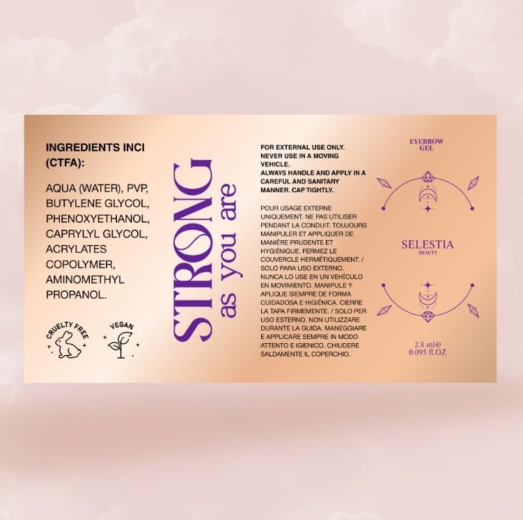 SELESTIA BEAUTY clear gel on brow hairs close-up showing flake-free hold benefit
