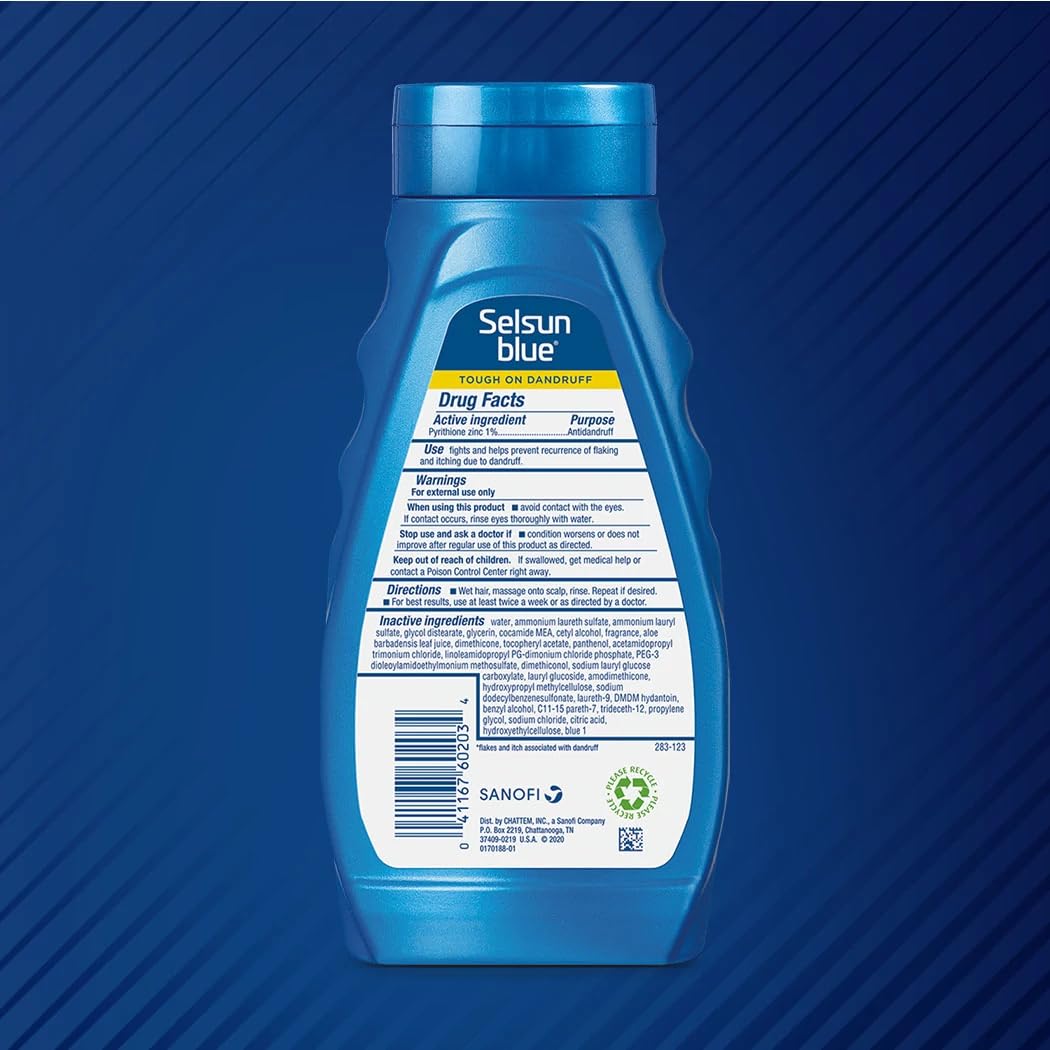 Selsun Blue displayed in bathroom setting suggesting regular scalp care routine