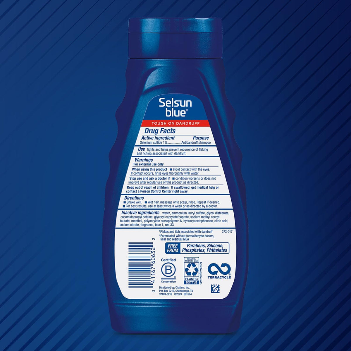 Selsun Blue close-up label highlighting selenium sulfide ingredient benefit