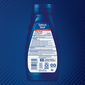 Selsun Blue close-up label highlighting selenium sulfide ingredient benefit