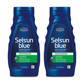 Selsun Blue front packaging showing two 11 fl oz bottles and benefits