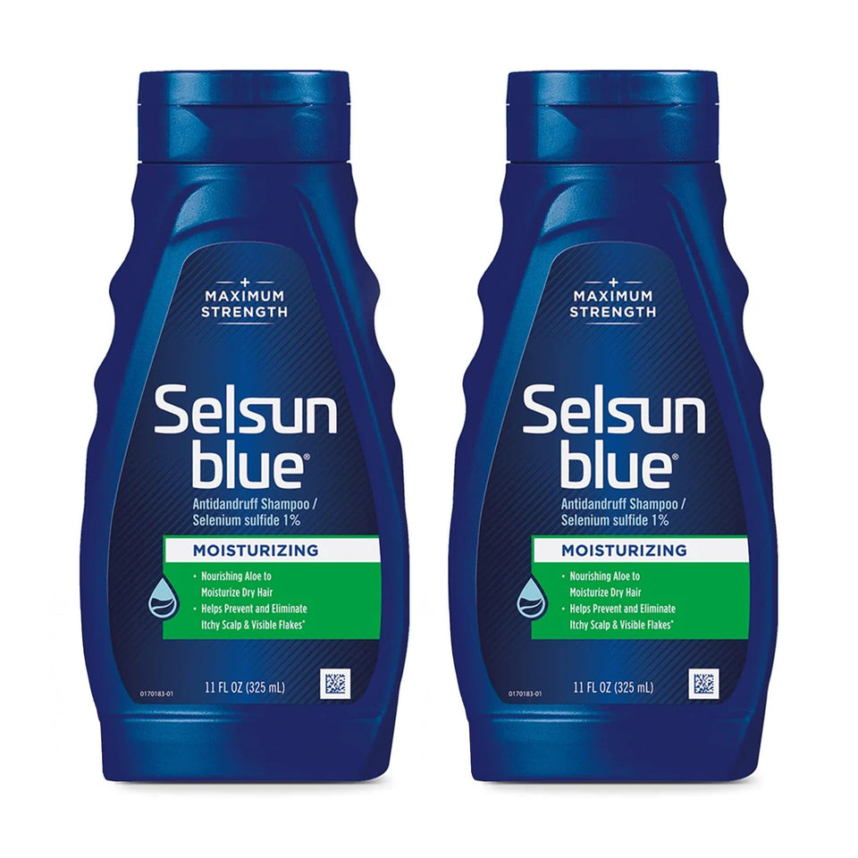 Selsun Blue front packaging showing two 11 fl oz bottles and benefits