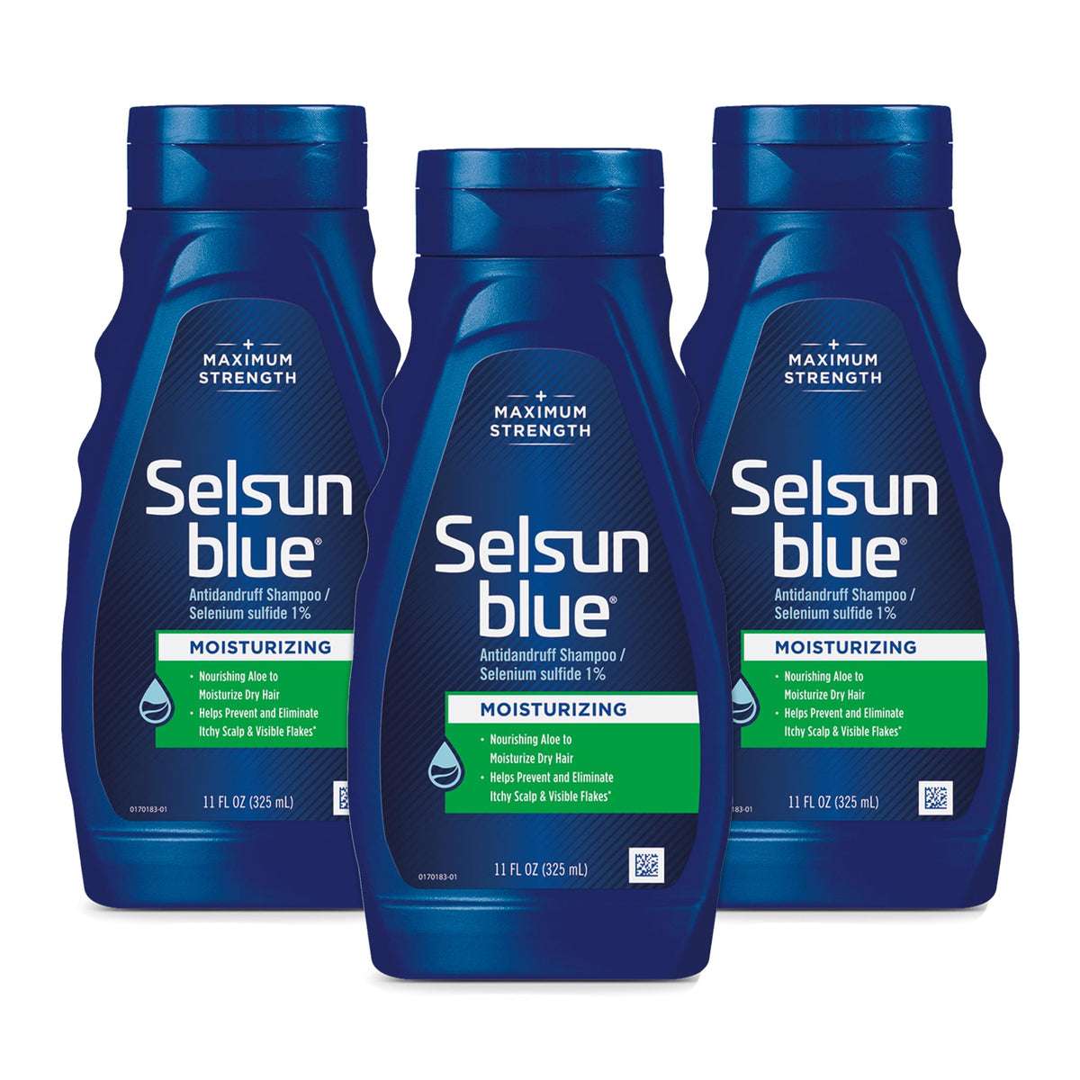 Selsun Blue front packaging showing label and pack of three for easy identification and value