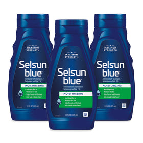 Selsun Blue front packaging showing label and pack of three for easy identification and value