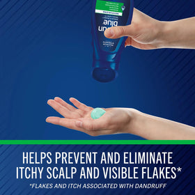 Selsun Blue being massaged into scalp illustrating relief from flakes