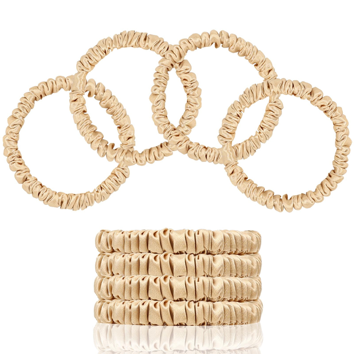 SEMRUE champagne gold scrunchies front packaging showing four ties and branding benefit gift-ready
