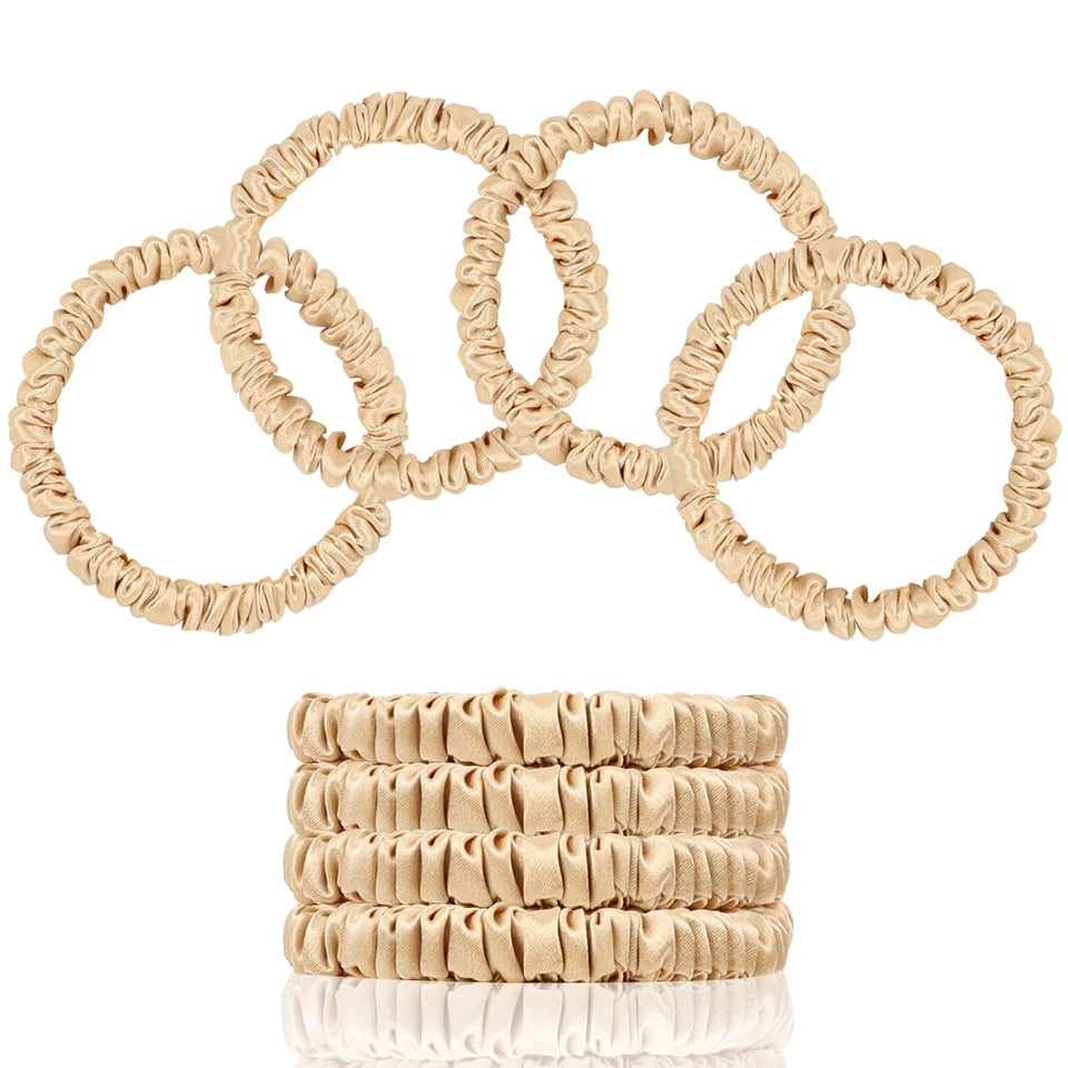 SEMRUE champagne gold scrunchies front packaging showing four ties and branding benefit gift-ready