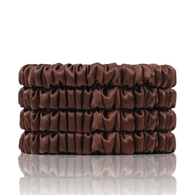 SEMRUE front packaging showing four brown silk scrunchies, polished presentation and care