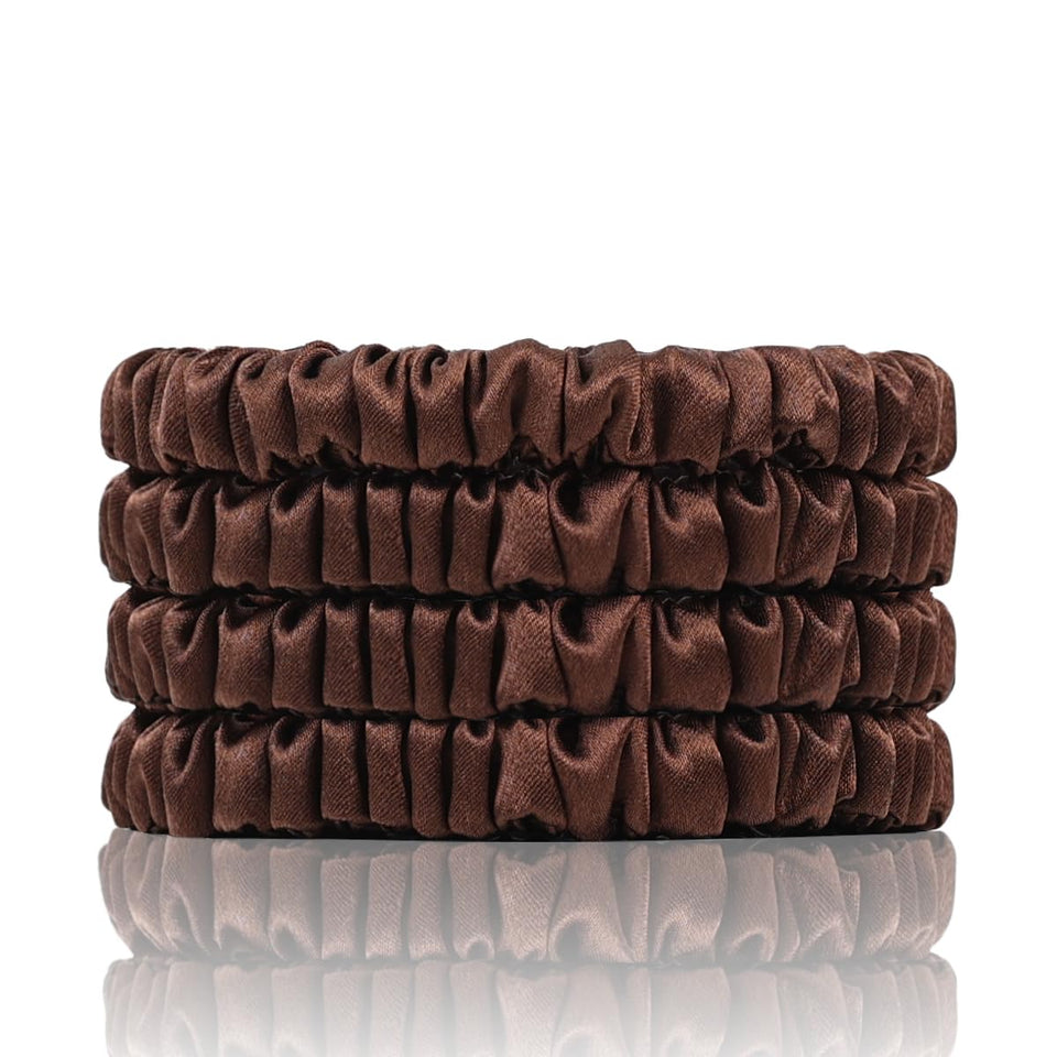 SEMRUE front packaging showing four brown silk scrunchies, polished presentation and care