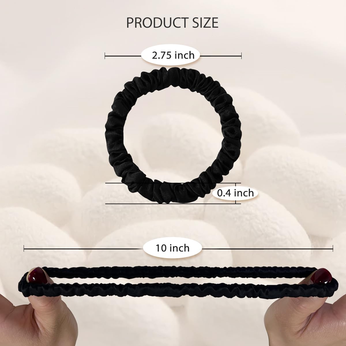 SEMRUE scrunchie beside a coin for scale, demonstrates compact size and elasticity benefit