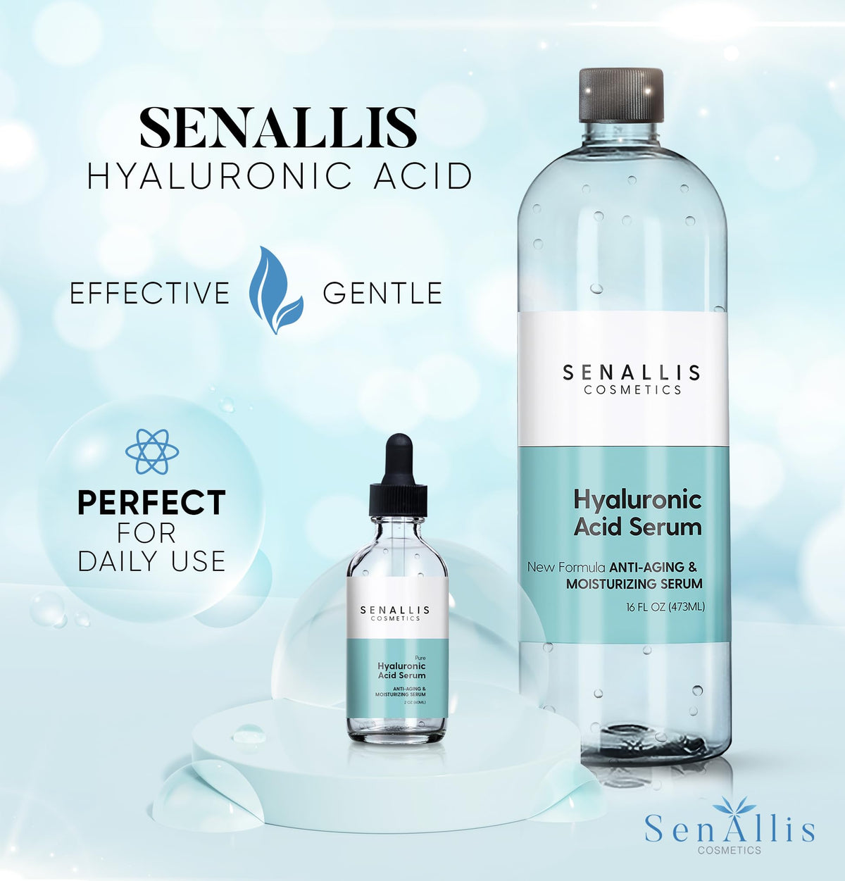 SenAllis scale comparison in hand showing 16 fl oz refill versus 2 fl oz dropper for sizing clarity