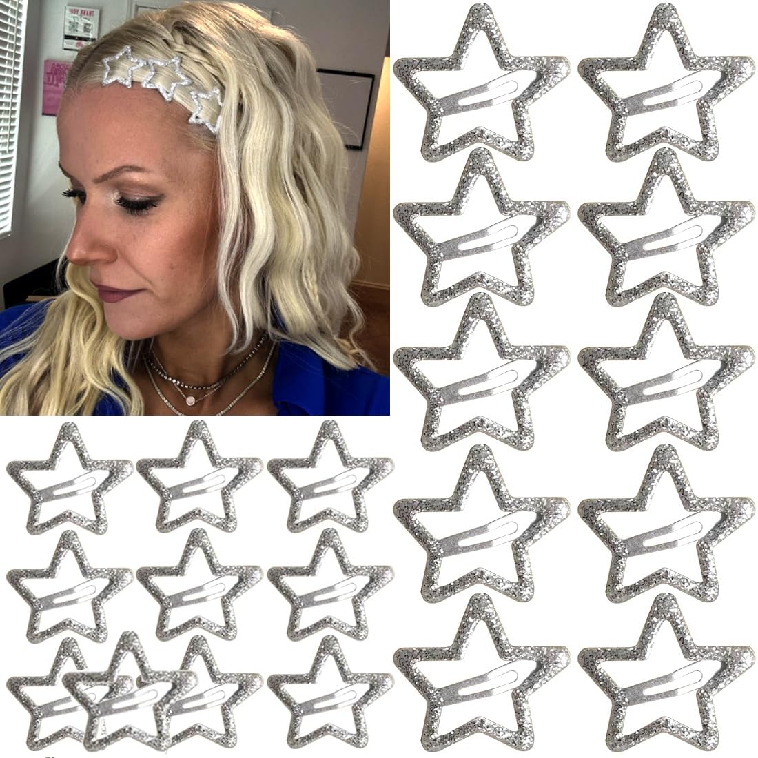seneeel front packaging showing 20 silver star clips and clear benefit of variety