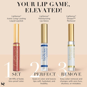 SeneGence LipSense tube next to hand displaying size and travel-friendly benefit