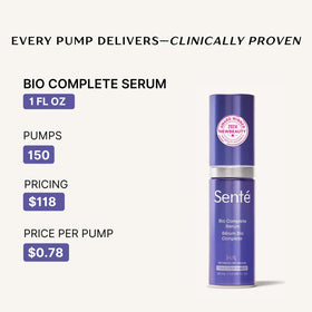 Sente Bio Complete Serum 1 oz bottle in hand to show true size and travel-friendly scale