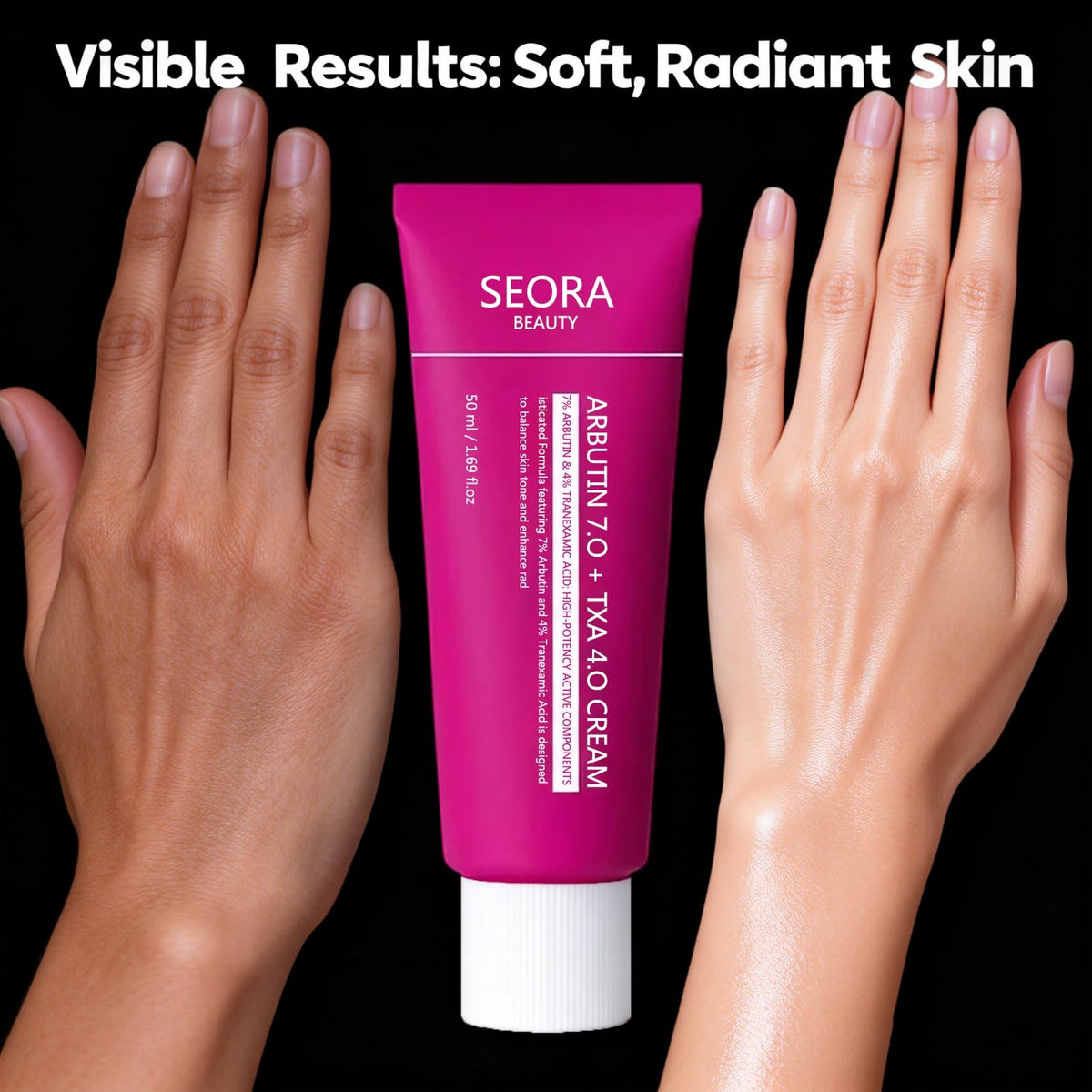 Seora Beauty size scale beside common objects illustrating compact 50ml tubes