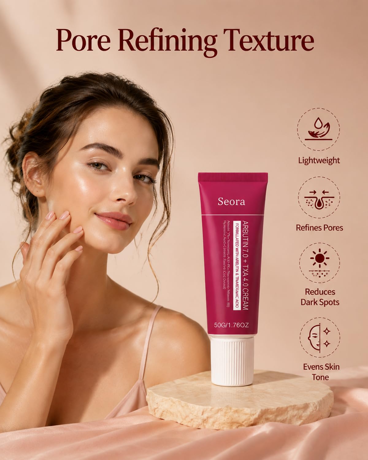 Seora Cream being applied to cheek for evening tone and refined pores