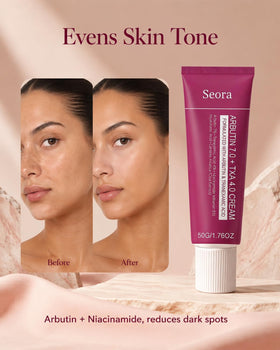 Seora Cream close-up of label highlighting arbutin and niacinamide benefits