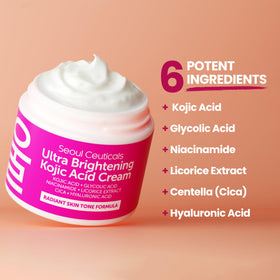 SeoulCeuticals ingredient flatlay with kojic glycolic niacinamide for brightening