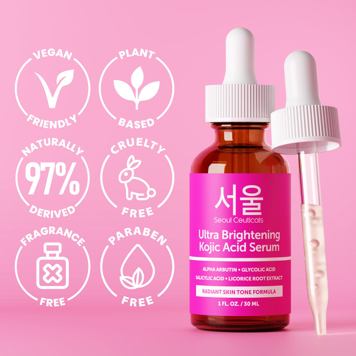 SeoulCeuticals ingredient flatlay with plant extracts indicating natural-derived actives