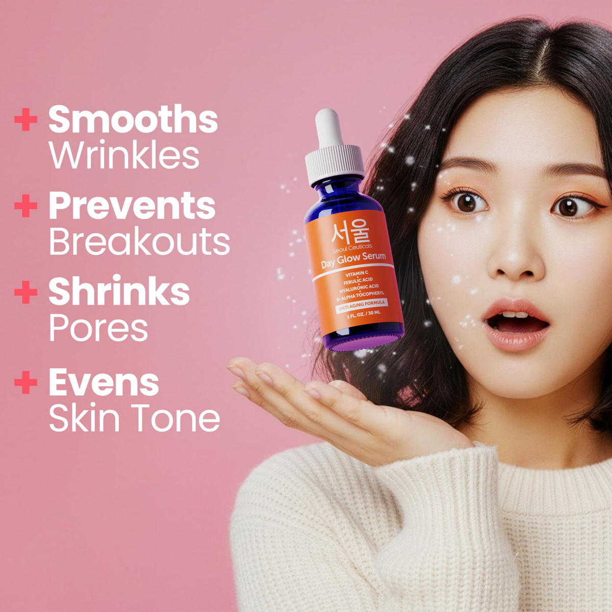 SeoulCeuticals dispensing pump with serum drop, shows easy application benefit