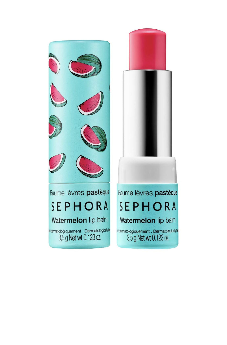 SEPHORA watermelon lip balm tube front shows compact moisturizing balm