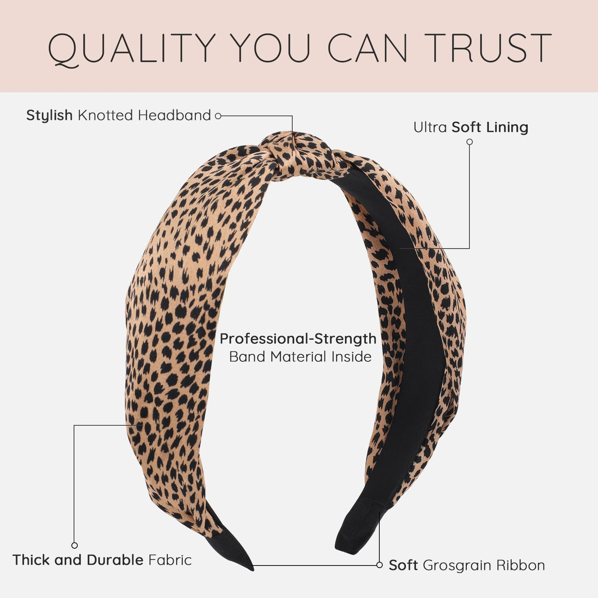 Sept Montagne leopard headband on model adding bold pattern and outfit contrast