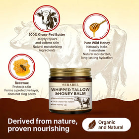 Serabel ingredients display of grass-fed tallow and raw wild honey for natural nutrients