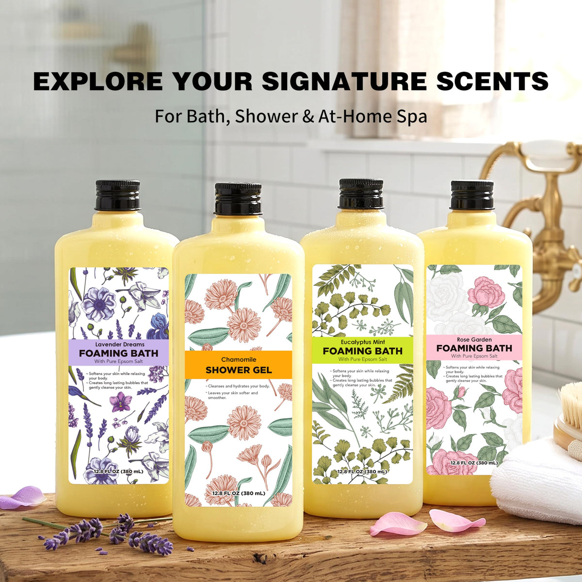 Serenity Sanctuary four scents displayed with flowers and herbs