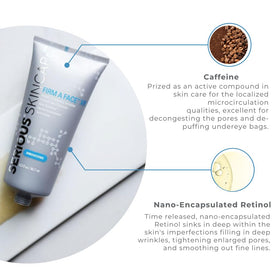 Serious Skincare bottle beside ingredients card highlighting retinol and caffeine benefit