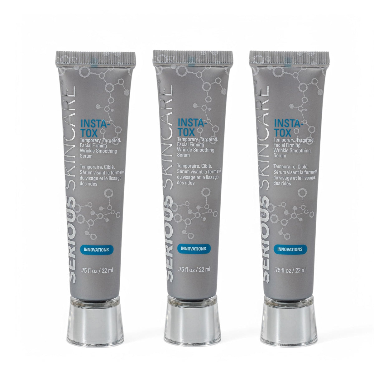 Serious Skincare front packaging showing three serum tubes and quick benefits