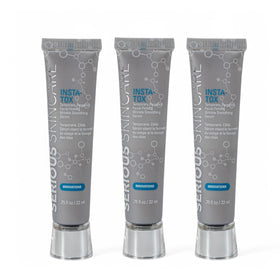 Serious Skincare front packaging showing three serum tubes and quick benefits